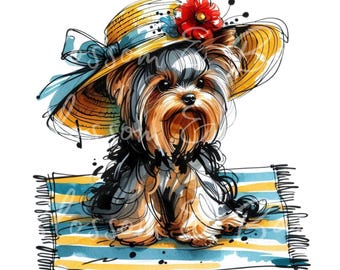 May include: A Yorkshire Terrier dog wearing a yellow straw hat with a blue ribbon and a red flower. The dog is sitting on a blue and yellow striped beach towel.