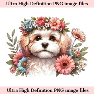 デジタル キャバション PNG 花の犬アート - かわいいキャバション PNG インスタントダウンロード、ホームデコレーションやクラフト用、犬ママ昇華