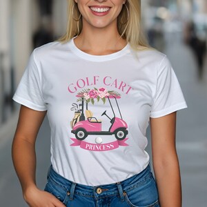 Girly Golf - Golf Cart Princess T-Shirt Frauen und Unisex Golfer Shirt, Golftournee, rosa Golf Shirt, Golfbekleidung, Geschenk für Golfer