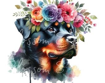以下が含まれることがあります： 水彩画で描かれた、カラフルな花冠をかぶったロットワイラー犬。犬は右を向いて、穏やかな表情をしています。背景は薄いピンクの水彩でぼかされています。