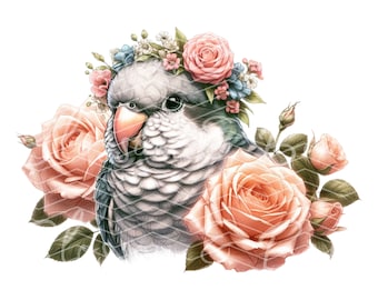Digital Quaker Parrot PNG Flower Pet Art - Cute Bird PNG Instant Download for Pet Sitter and Shirt Sublimation - Parrot Mom gift