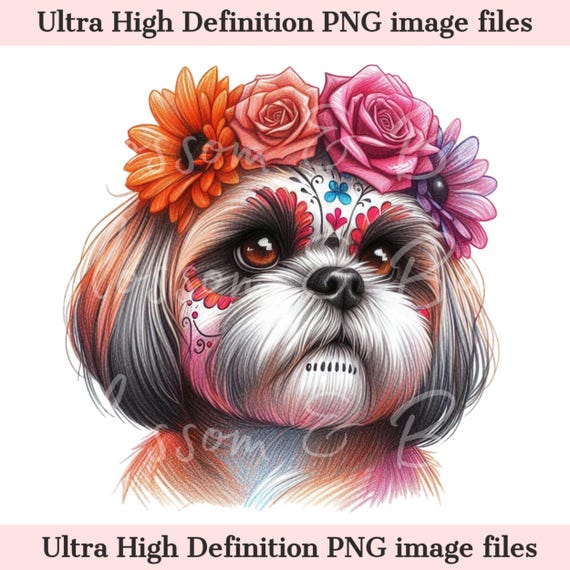 Digital Cute Shih Tzu PNG Day of the Dead - Floral Sugar Skull Dog
