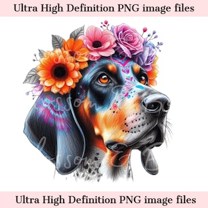 Numérique Bluetick Coonhound PNG Jour des morts - Beau chien de chasse PNG à télécharger pour Halloween Coonhound Shirt Sublimation Sugar Skull