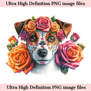 Digitaler Jack Russell Terrier PNG Tag der Toten – Süßer Terrier Hund PNG Download für Halloween Shirt Sublimation Sugar Skull Clip Art
