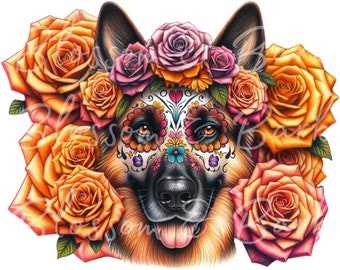 May include: A German Shepherd dog with a sugar skull face paint design and a flower crown of orange and pink roses.