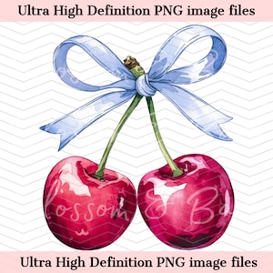 Cereza retro femenina PNG - Descarga instantánea de linda camiseta preppy PNG para sublimación - Diseño de lazo de cereza azul - Seguro para uso comercial