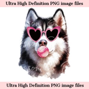 Portrait numérique de chien Husky sibérien PNG aquarelle - Téléchargement pour sublimation de chemise de chien Husky à lunettes coeur - Sans danger pour les publicités