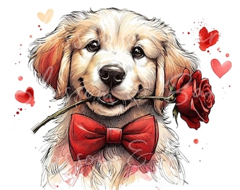 Digital Valentine's Golden Retriever PNG Printable Dog Portrait PNG  Retriever Dog PNG - Download for Valentines Day Shirt Sublimation