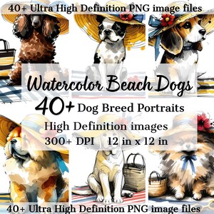 Pacchetto digitale per cani da spiaggia estivi con acquerello - Pacchetto estivo di razze canine - Download immediato di PNG per maglietta del proprietario del cane, clip art a sublimazione
