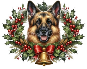 Digital Christmas German Shepherd PNG Holiday Dog Art - Shepherd Dog Christmas PNG Instant Download Ornament and Shirt Sublimation PNG