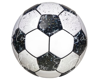May include: A black and white soccer ball with a galaxy print. The ball has a white background with black panels and a galaxy print on the black panels.
