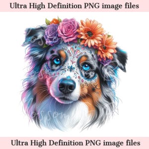 Digitaler niedlicher Australian Shepherd PNG Tag der Toten - Floral Dia de los Muertos Hund PNG Download für Halloween Dog Mom Shirt Sublimation