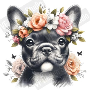 Digital Französischer Stierhund PNG Blumenhund Kunst - Süßer Frenchie-Welpe PNG Sofort-Download für Wohnkultur und Bastelgeschenke - Süßes Hundemama-Geschenk