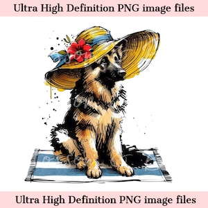Pastor alemán digital PNG Acuarela Perro de playa PNG - Descarga para sublimación de camisetas de verano para mamás de perros, Pastor alemán, Seguro para uso comercial