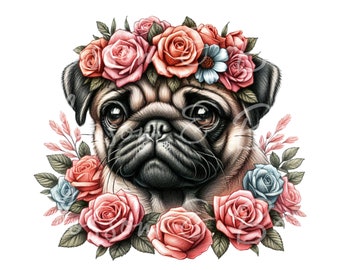 May include: A pug dog wearing a flower crown with pink, red, and blue flowers. The dog is looking directly at the viewer with a sweet expression.
