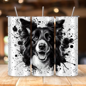 May include: Three stainless steel tumblers featuring a black and white graphic of a border collie dog with black paint splatters on a white background.