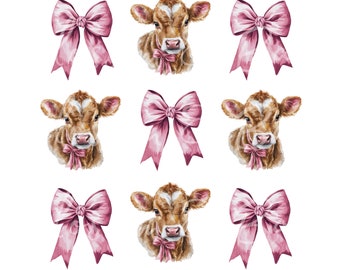 Cute Cow and Coquette Bow PNG - Instant Download for Cute Grid Shirt Sublimation - Cows and Pink Bow PNG  -  Cute Farm Girl PNG Design