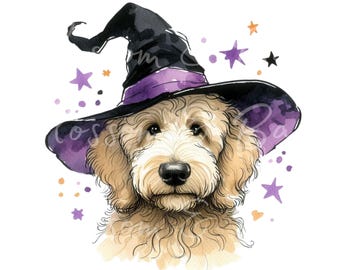 Perro Goldendoodle de Halloween digital PNG, lindo cachorro PNG perro bruja de otoño Descarga para peluquero y dueño de perro Goldendoodle Camiseta de sublimación