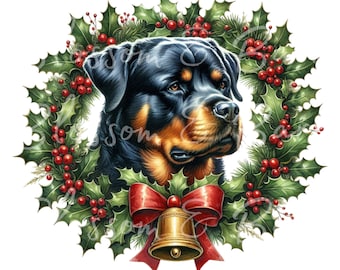 May include: A Rottweiler dog with a black and tan coat is wearing a Christmas wreath with red berries and a red bow with a gold bell.