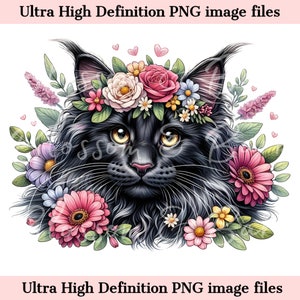 Chat numérique Maine Coon noir PNG fleur chat Art - mignon chaton PNG téléchargement immédiat pour décoration d'intérieur et cadeaux créatifs - cadeaux pour maman chat mignon