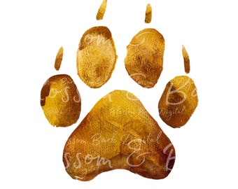 May include: A gold paw print with a watercolour effect. The paw print is isolated against a white background.