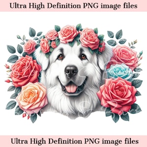 Chien numérique des Grandes Pyrénées PNG fleur chien Art - mignon chiot des Pyrénées PNG téléchargement immédiat pour décoration d'intérieur et cadeaux créatifs