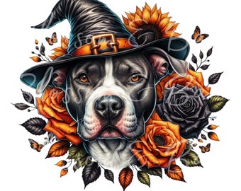 Puede incluir: Ilustración digital de un perro con un sombrero de bruja, rodeado de rosas naranjas, un girasol y mariposas. El perro tiene pelaje blanco y negro y ojos marrones. El texto "Ultra High Definition PNG image files" está arriba y abajo.