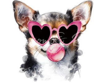 Digital Chihuahua PNG Watercolor Dog Portrait PNG - Download for Heart Glasses Chihuahua Dog Shirt Sublimation - Safe for Commercial Use