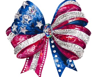 Digital - Bedazzled American Bow PNG - Instant Download for Faux Glitter USA Png for USA Shirt sublimation - Girly Trendy Bow Png Red White