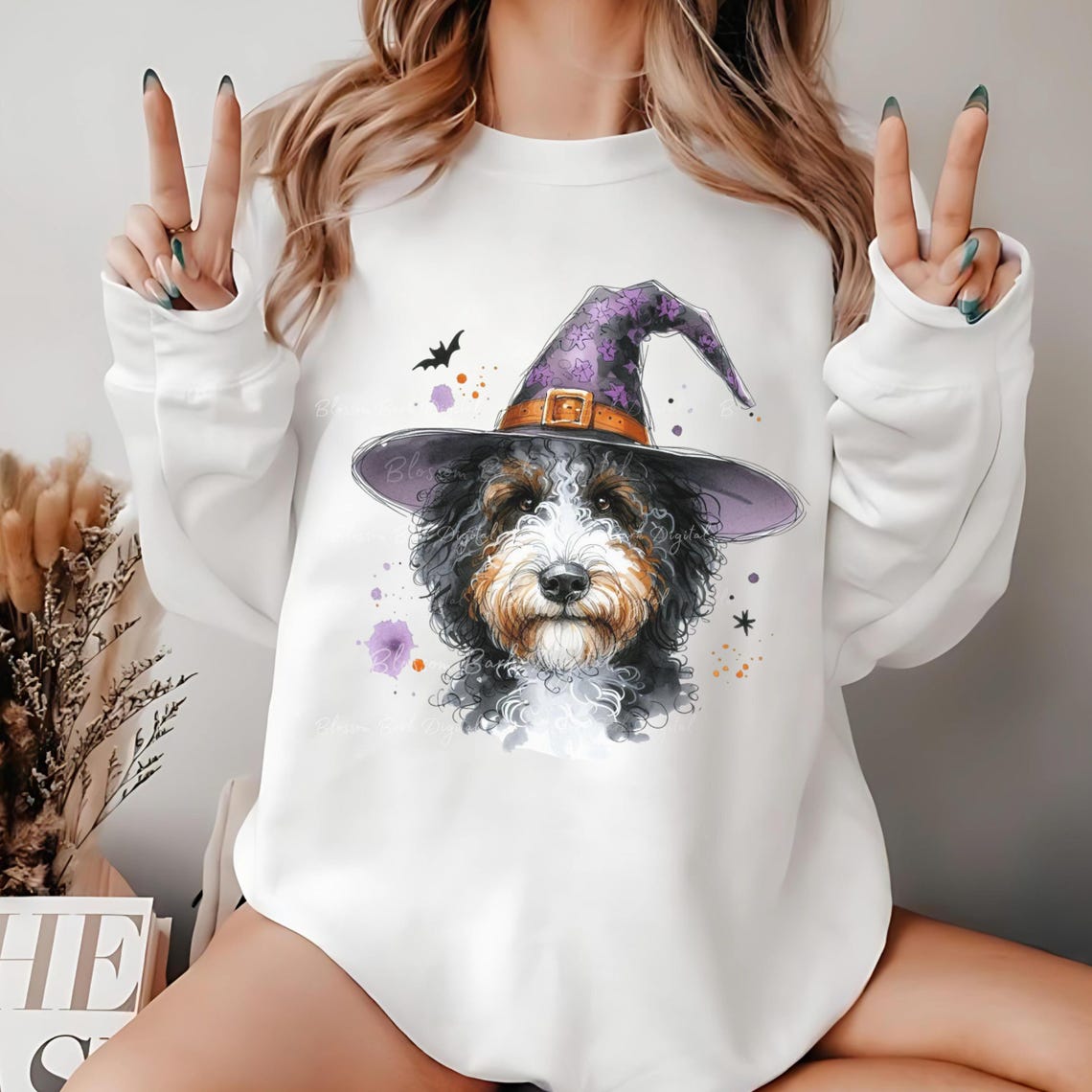 Digital Bernedoodle Halloween Dog PNG, Cute Puppy PNG Autumn Witch Dog ...