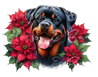 Digitale Weihnachten Rottweiler Hund PNG Urlaub Hundekunst - Rottie Welpe PNG Sofort-Download für Urlaub Dekor, Geschenk und Sublimation