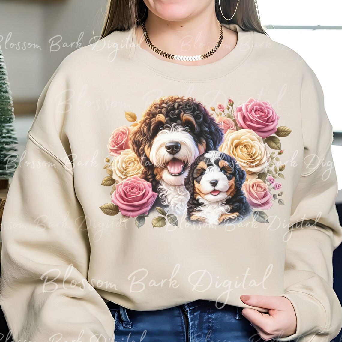 Digital Bernedoodle PNG Mom and Puppy PNG Dog Art - Cute Doodle Mom Dog ...