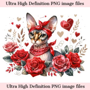 Digital Valentine&#39;s Sphynx PNG Printable Cat Portrait PNG - Cat PNG - Download for Sphynx Cat Mom Valentines Day Shirt Sublimation for Gift