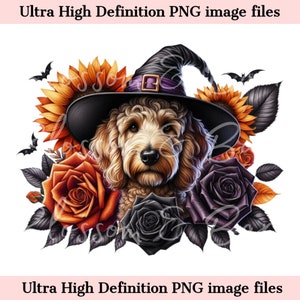 Digitaler GoldenDoodle Halloween Hund PNG - Süßer Golden Doodle PNG Sofort-Download für Hundefriseur und Vintage Blumenhexen-Shirt Sublimation