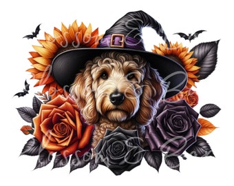 Digital GoldenDoodle Halloween dog PNG - Cute Golden Doodle PNG Instant Download for Dog Groomer and Vintage Floral Witch Shirt Sublimation