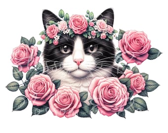 Digital Beautiful Tuxedo Cat PNG Flower Cat Art - Cute Kitten PNG Instant Download for Pet Groomer and Sublimation - Cute Cat Mom gifts