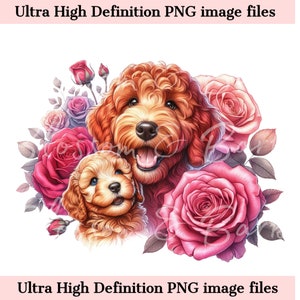 Digitale Goldendoodle PNG Mama und Welpen PNG Hund Art - Süßer Doodle Mama Hundezüchter PNG Sofortiger Download für Pet Shop Logo und Sublimationsgeschenk