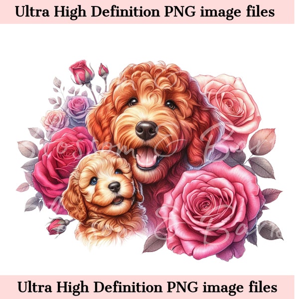 Digital Goldendoodle PNG Mom and Puppy PNG Dog Art - Cute Doodle Mom Dog Breeder PNG Instant Download for Pet Shop Logo and Sublimation Gift