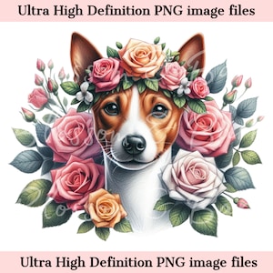 Digital Basenji PNG Flower Dog Art - Cute Basenji Puppy PNG Instant Download for Home Decor and shirt sublimation - Dog Mom PNG