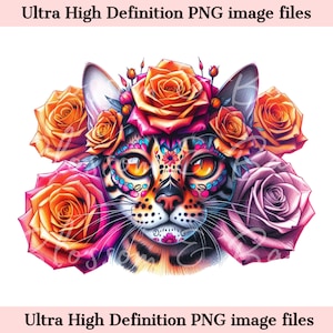Digitale Bengalkatze PNG Tag der Toten – Süßes Bengalkätzchen PNG Download für Halloween Shirt Sublimation Clip Art für Katzenmama Geschenk
