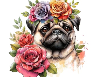 May include: A watercolor illustration of a pug dog wearing a floral crown of roses in shades of pink, purple, and orange. The image includes text at the top and bottom that reads "Ultra High Definition PNG image files".