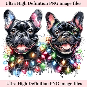 Digital - Süße Französische Bulldogge Weihnachten Hunde Porträt PNG - Download für Hund Mama Weihnachten Lichter Weihnachten Frenchie Mom Shirt Sublimation