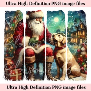 Puede incluir: Ilustración en acuarela que presenta a Papá Noel con un traje rojo y barba blanca, sentado con un labrador dorado. El perro lleva una bufanda roja. El fondo incluye un árbol de Navidad, una casa nevada y el texto "Ultra High Definition PNG image files".