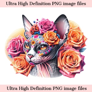 Digitale Sphynx Katze PNG Tag der Toten - Zuckerschädel Sphynx Chat PNG Download für Halloween Shirt Sublimation Clip Art für Katzenmutter Geschenk