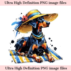 Doberman numérique PNG aquarelle plage chien PNG - Télécharger pour l'été chien maman chemise sublimation, beau doberman sans danger pour les entreprises