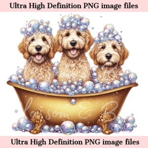Digitale Goldendoodle Badehund Groover PNG Kunst - Hundebad Süße Welpen PNG Sofort-Download für Grooming Pet Shop Geschenke und Sublimation