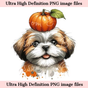 Retrato de perro Shih Tzu digital de otoño PNG - Descarga para sublimación de camiseta de calabaza para mamá Shih Tzu linda - Seguro para uso comercial