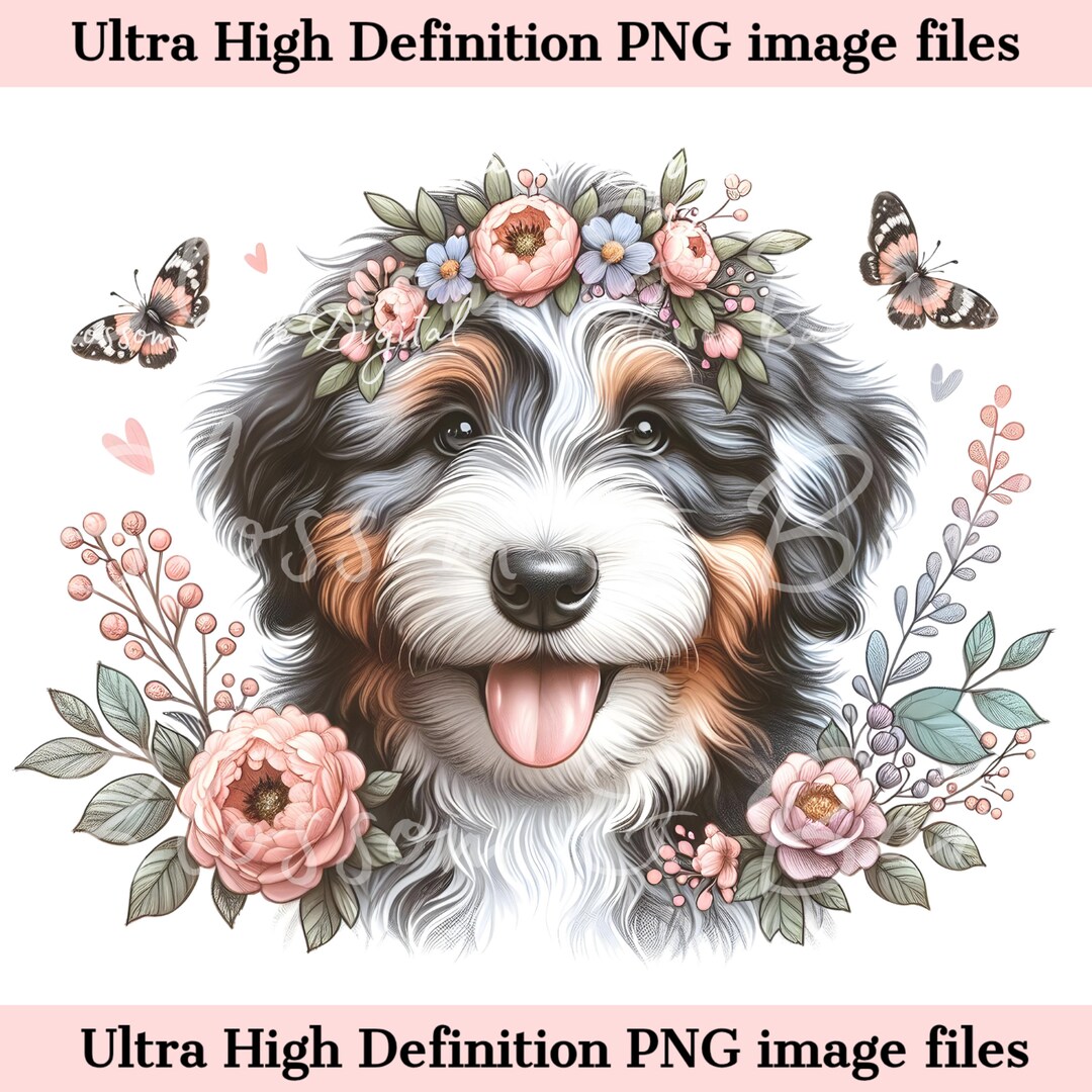Digital Bernedoodle PNG Flower Dog Art - Cute Merle Doodle Puppy PNG ...