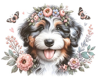 May include: A cute, fluffy dog with brown, black, and white fur wearing a flower crown. The dog has a pink tongue sticking out and is surrounded by pink and purple flowers.