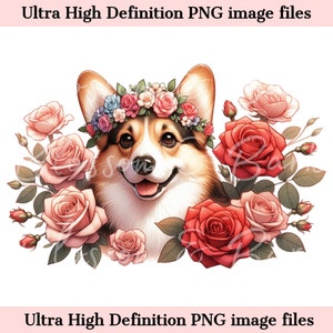 Digitaler Pembroke Welsh Corgis PNG Blumen Hund Art - Süßer Corgis Welpe PNG Sofortiger Download für Wohnkultur und Bastelgeschenke - Süße Hundemama